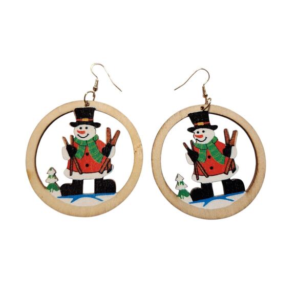 Round Wood Snowman Earrings Christmas Holiday Lightweight 2.3x3.2" - Picture 8 of 8